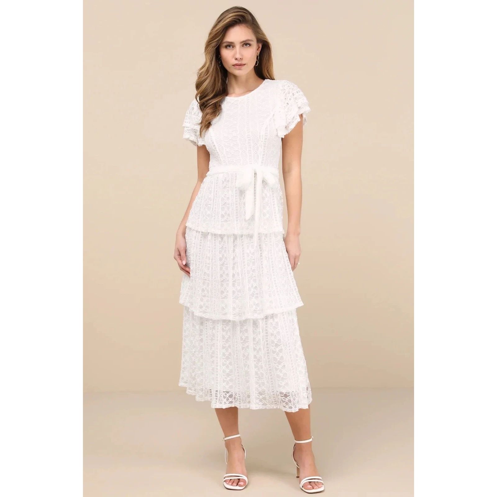 Lulus Whimsical Spirit Lace Tiered Backless Midi Dress L Ivory Short Sleeve B25
